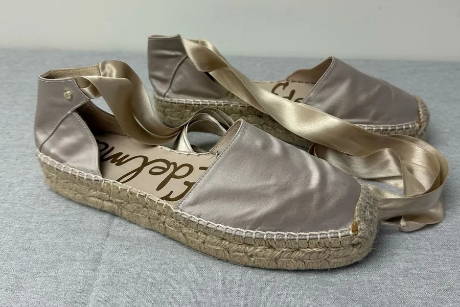 Sam Edelman Taupe Champagne Satin Flat Platform Espadrille, 39