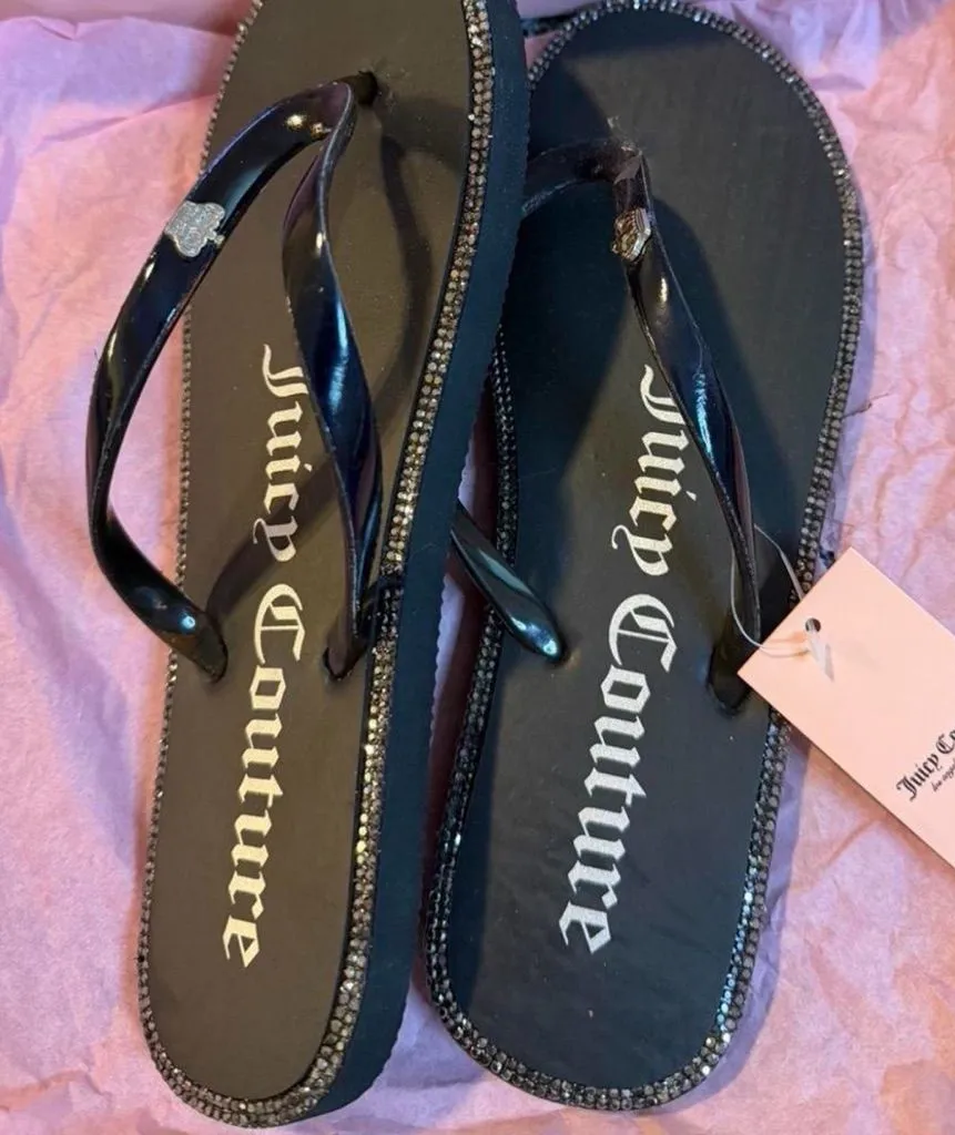 Juicy Couture JC Sparks Flip Flops Black Iridescent Rhinestone Size 7 New w/ Box