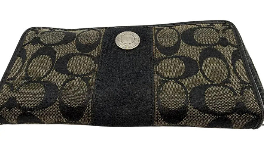 Coach Signature C Zip Around Black Canvas Leather Wallet