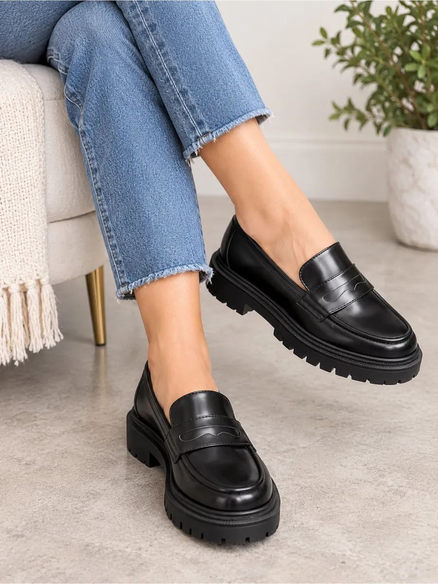 H&M Women’s Penny Loafers Size 38 US 7 Black Glossy Chunky Lug Sole