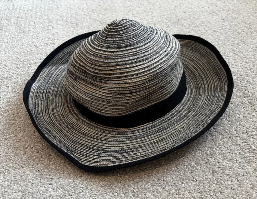 Solar Escape Sun Hat OS Black Tan Striped Wide Brim Packable Summer Beach Hat