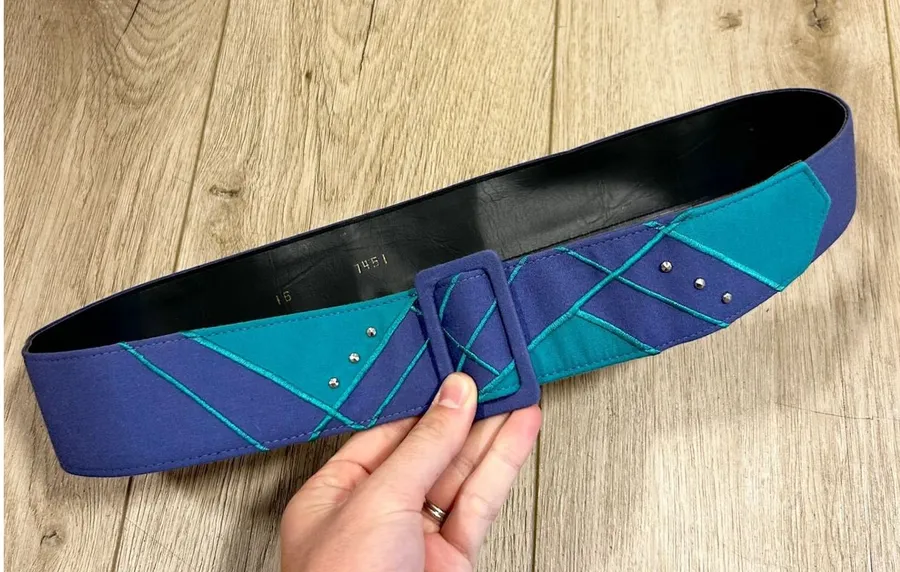 Vintage 80s Wide Waist Belt Purple Teal Geometric Embroidered Studded Size 16