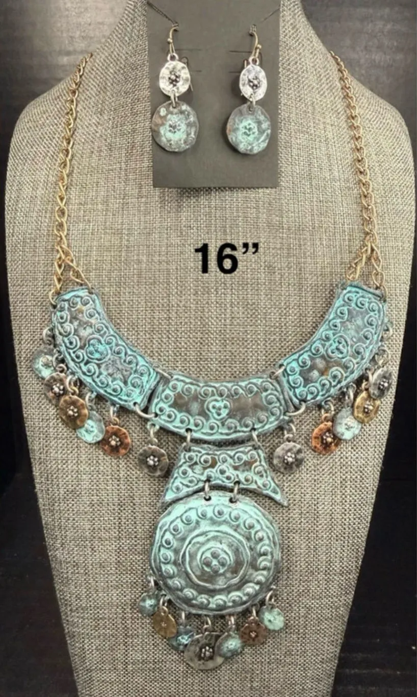 Statement Patina Pendant Necklace and Earring Set