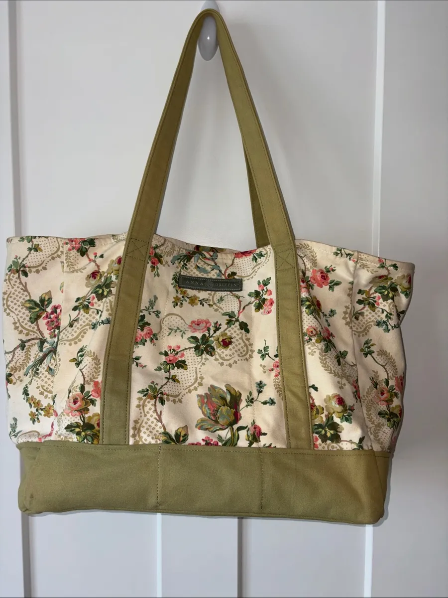 Floral Canvas Tote with Olive Accents Green