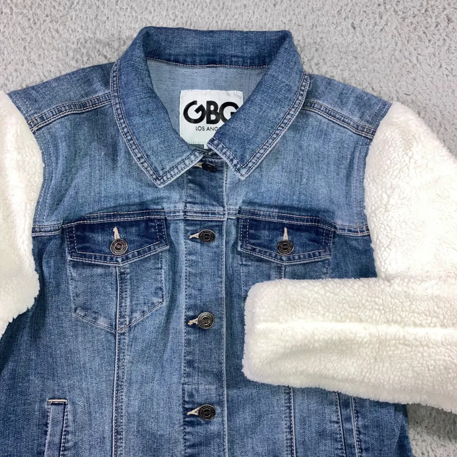 GBG Denim Jacket Sherpa Sleeve Womens S Trucker Blue Two Tone Cozy Cabin Fall