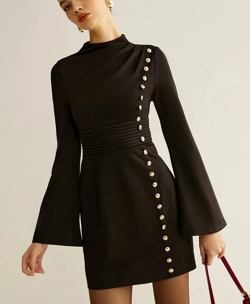 Commense Stand Collar Cinched Short Dress size small Black
