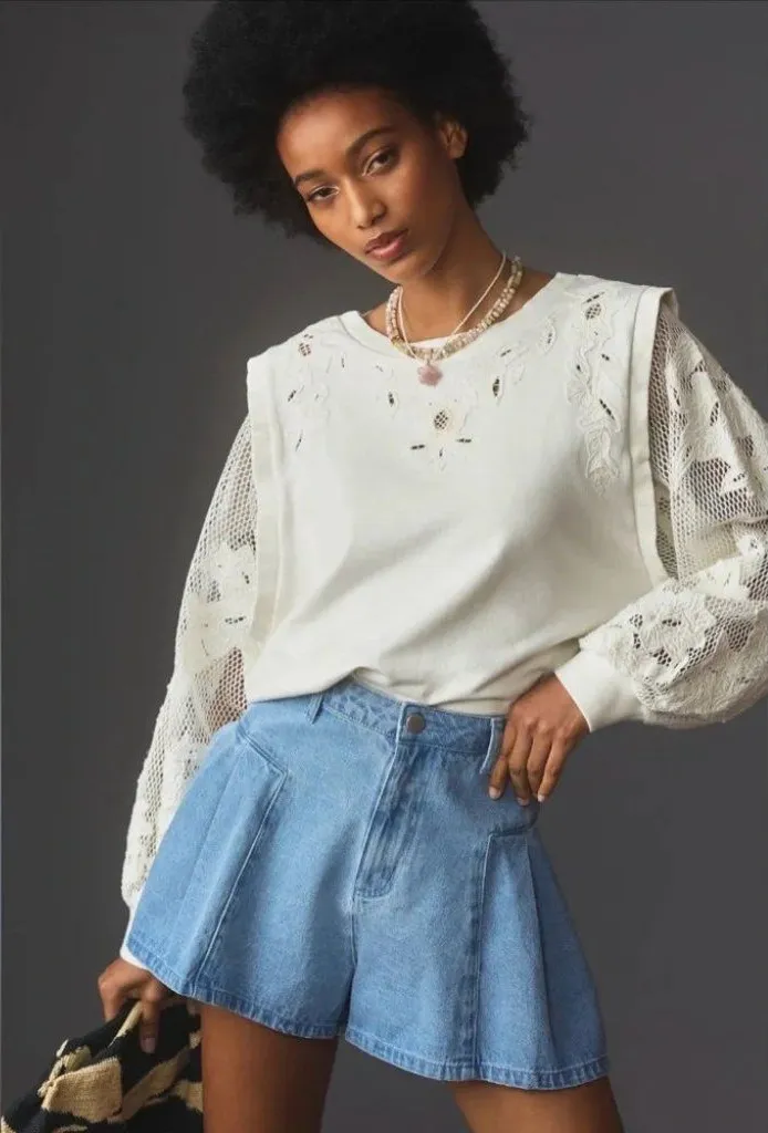 Anthropologie White Lace Floral Mesh Long Sleeve Sweatshirt