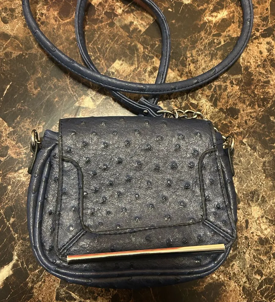 Morona Navy Faux Ostrich textured Crossbody Bag with Gold tone hardware