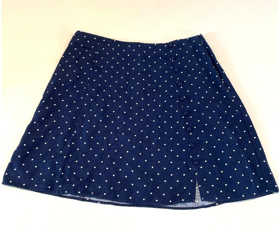 LOFT Polka Dot Flare Skirt Size 8 Navy White Linen Blend Button Detail