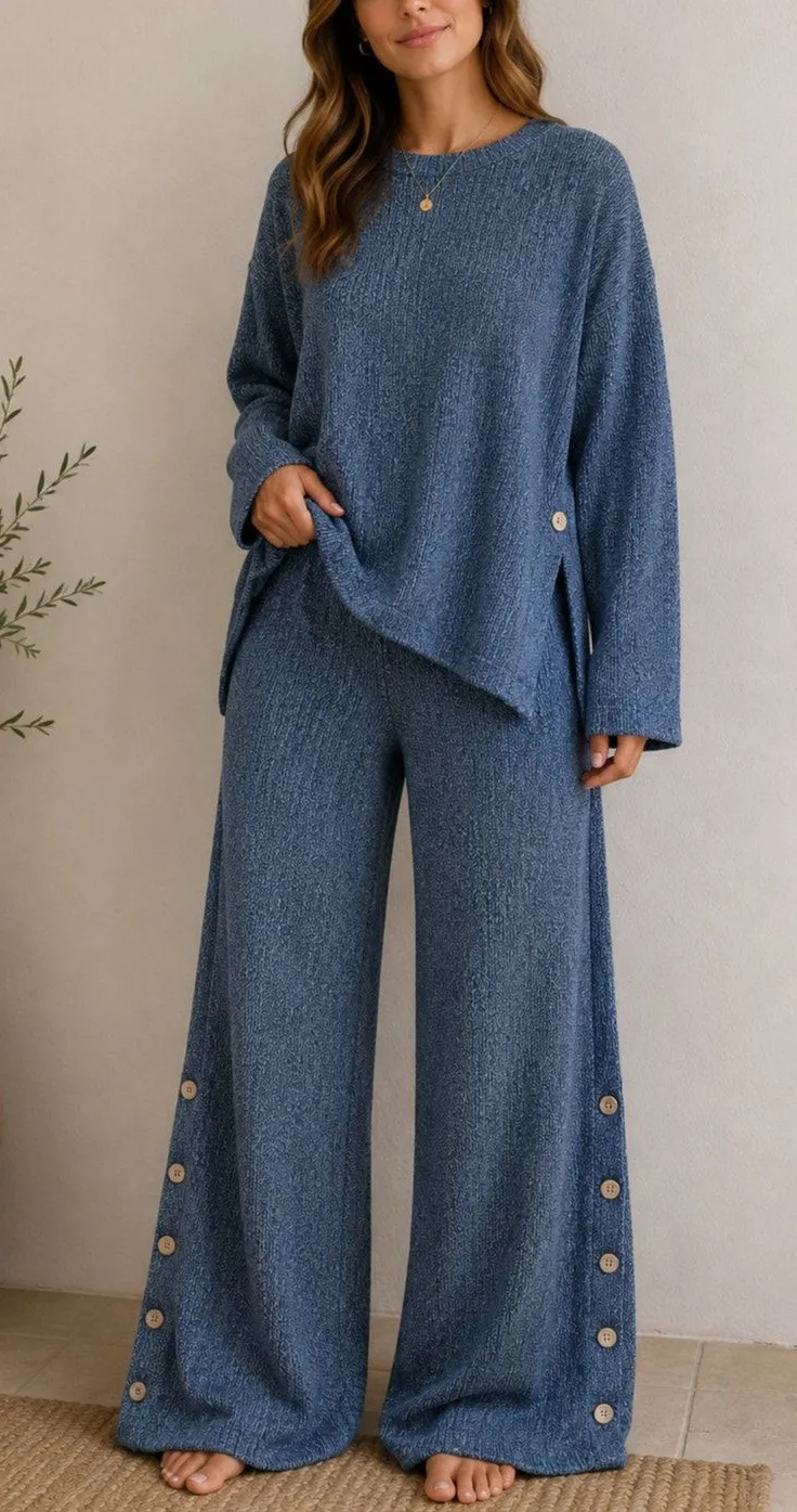 NEW Free People Free-est Blue Sea Combo Cotton Button 2 Piece Wide Leg Set XS