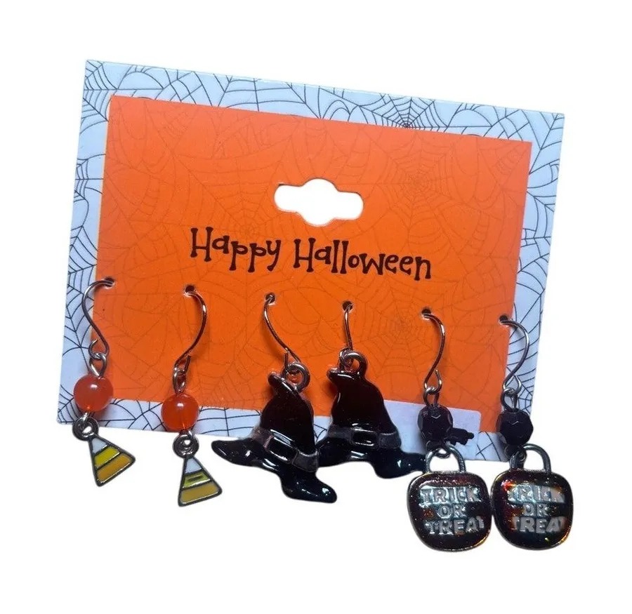 Happy Halloween Witch Hat Candy Corn Trick or Treat Earrings Set Black