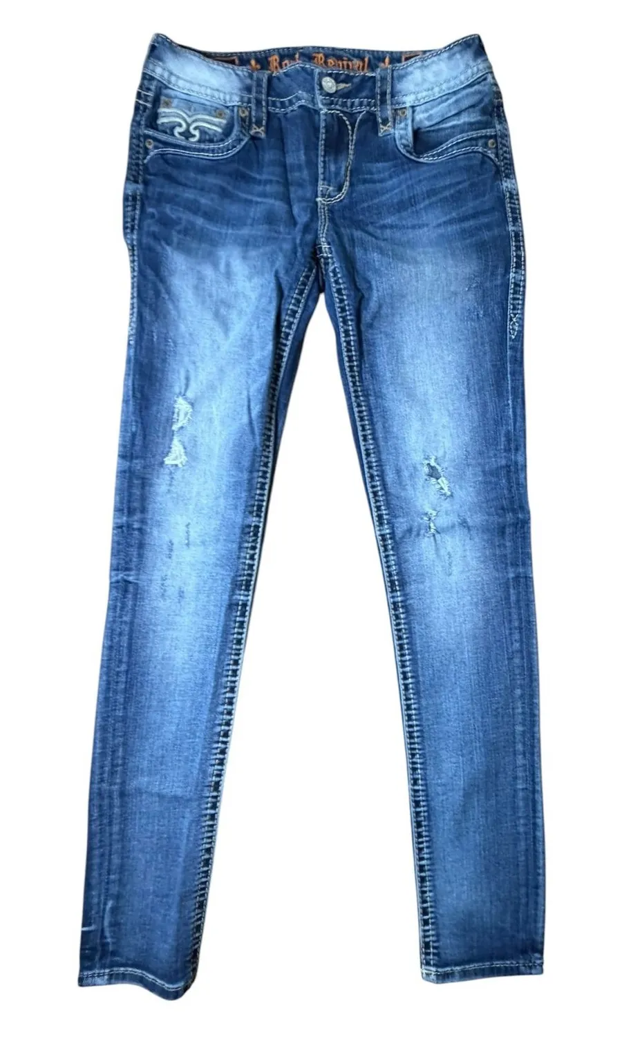 Rock Revival Alaina Skinny Jeans Womens 28 Medium Wash Distressed Embroidered