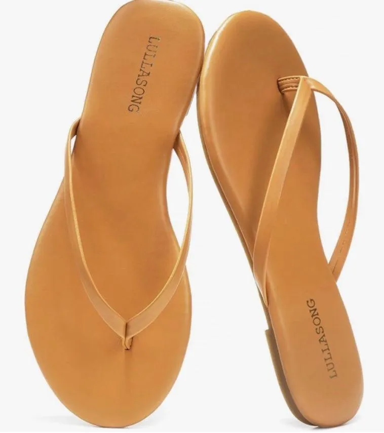 NEW Vegan Leather Flip Flops Comfortable Round Toe Beach Sandals Thong Shoes 9 Tan