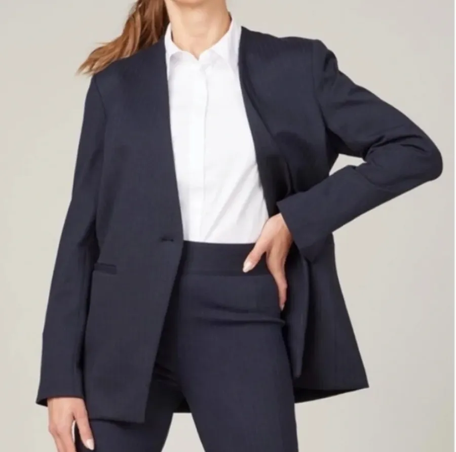 Spanx Perfect Collarless Single Button Blazer Jacket Pinstripe Navy Blue Small