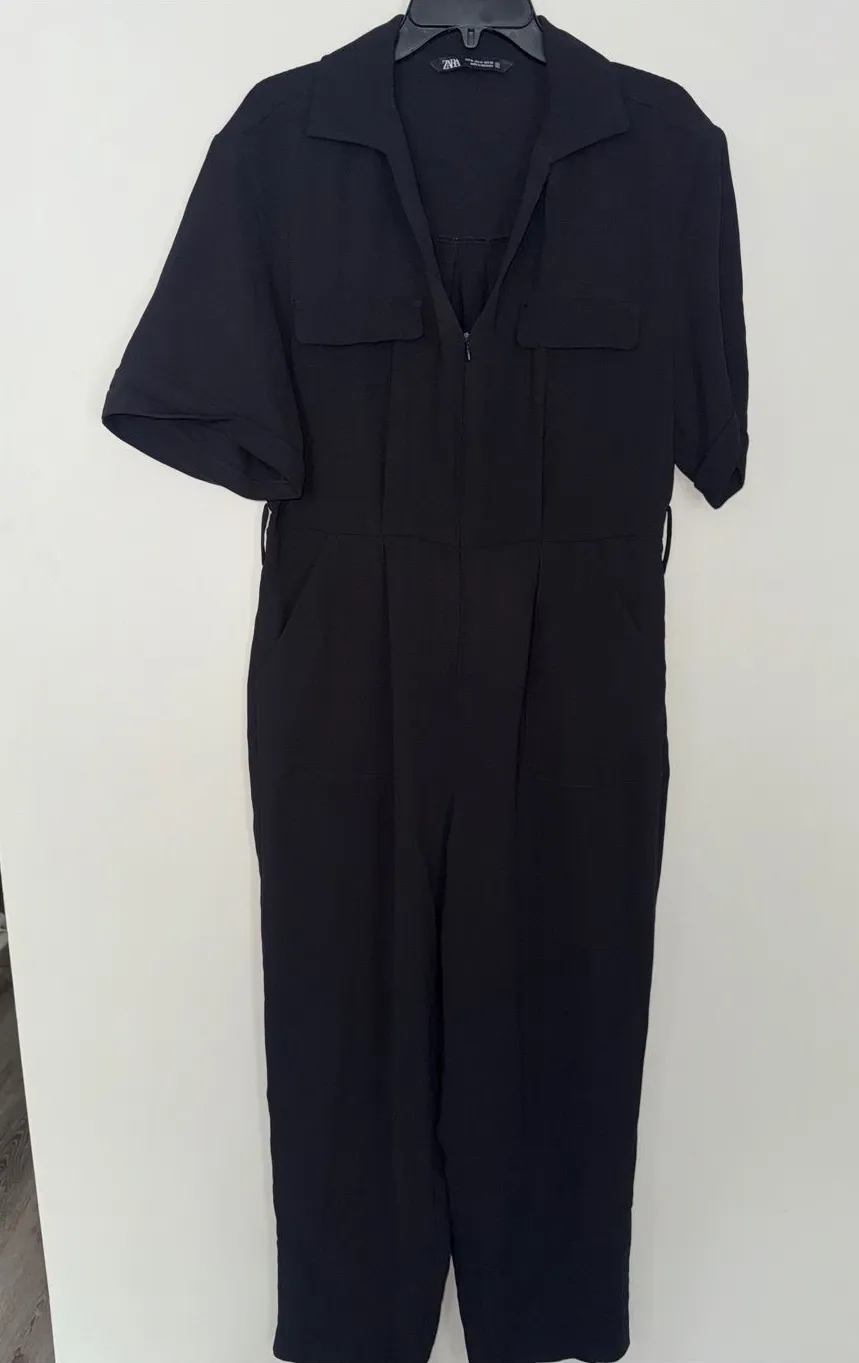Zara Black Short-Sleeve Utility-Style Jumpsuit
