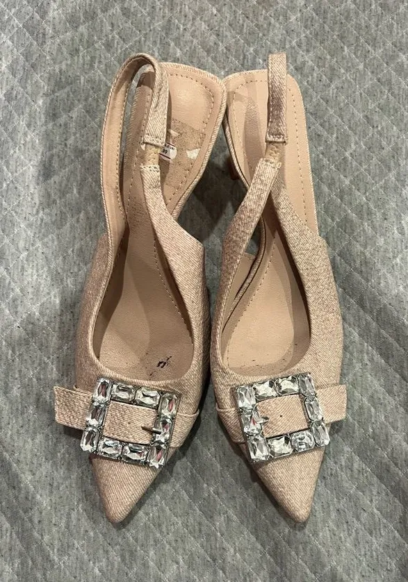 Pointed Toe Slingback Flats with Crystal Buckle - blushy nude