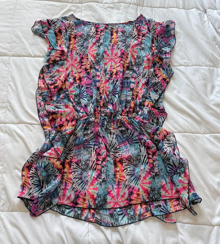 Jessica Simpson Swim Cover Up Dress Womens XL Ruffle Abstract Pink Beachy Summer