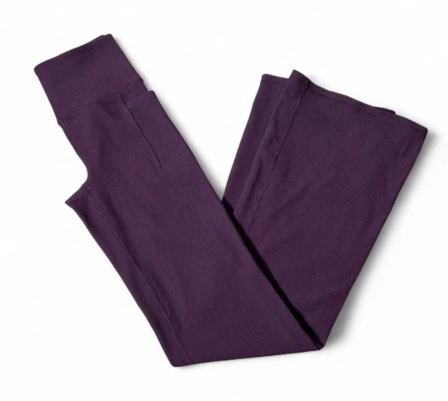 Athleta Salutation Stash Rib Flare Pants Purple High Rise Yoga S/T 467898-00
