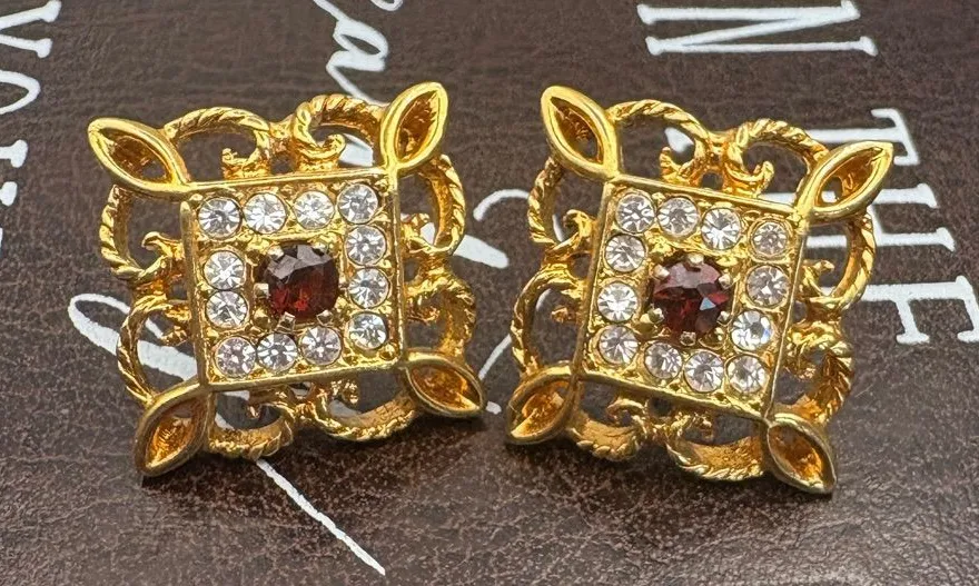 Vintage 1994 Avon Garnet Lace Earrings Rhinestone Victorian Revival 90s Gold