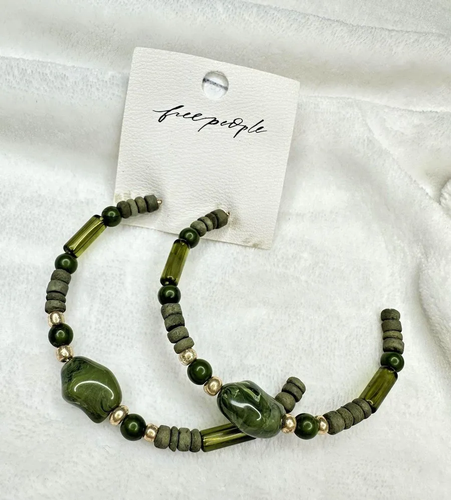 NEW Free People Bom Bom Island Beaded Bohemian Half Hoops in Green Beach Stone