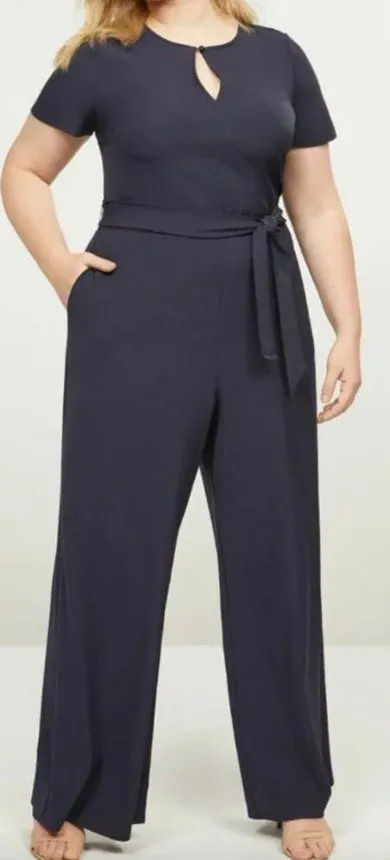 LANE BRYANT Plus Size Lena Faux Wrap Keyhole Jumpsuit Navy Blue Belted Tie Party