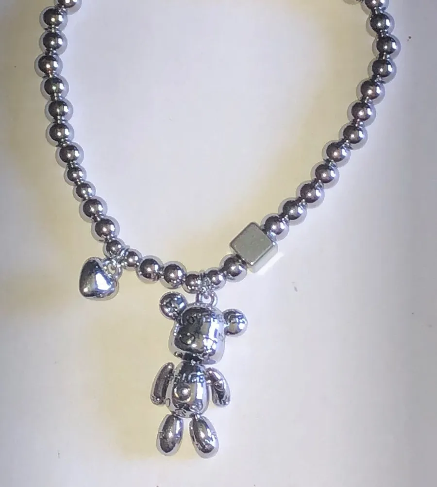 Silver Tone Bear Charm Beaded Boho Bracelet