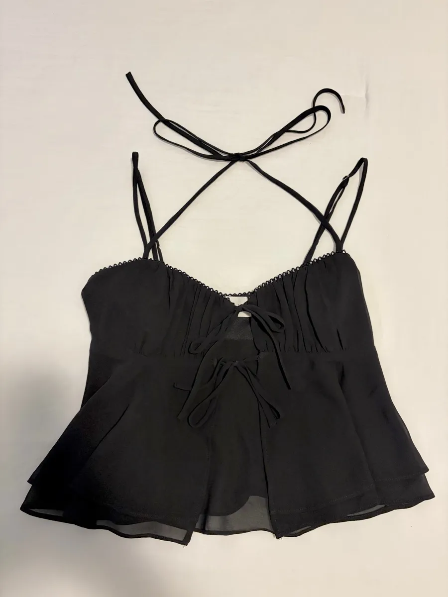 Victoria + Sophia black strappy tie-front tank