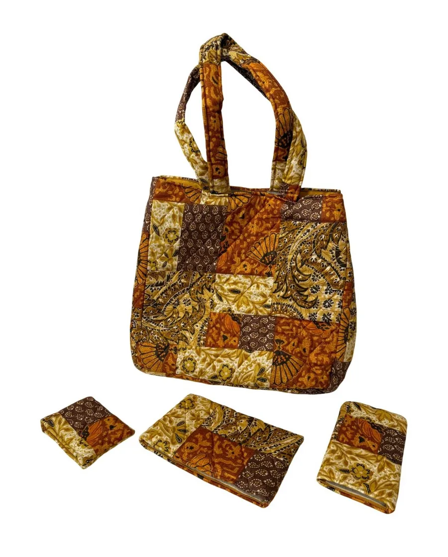 Daren's Bags Quilted Patchwork Tote Purse with Accessories Brown Yellow Orange