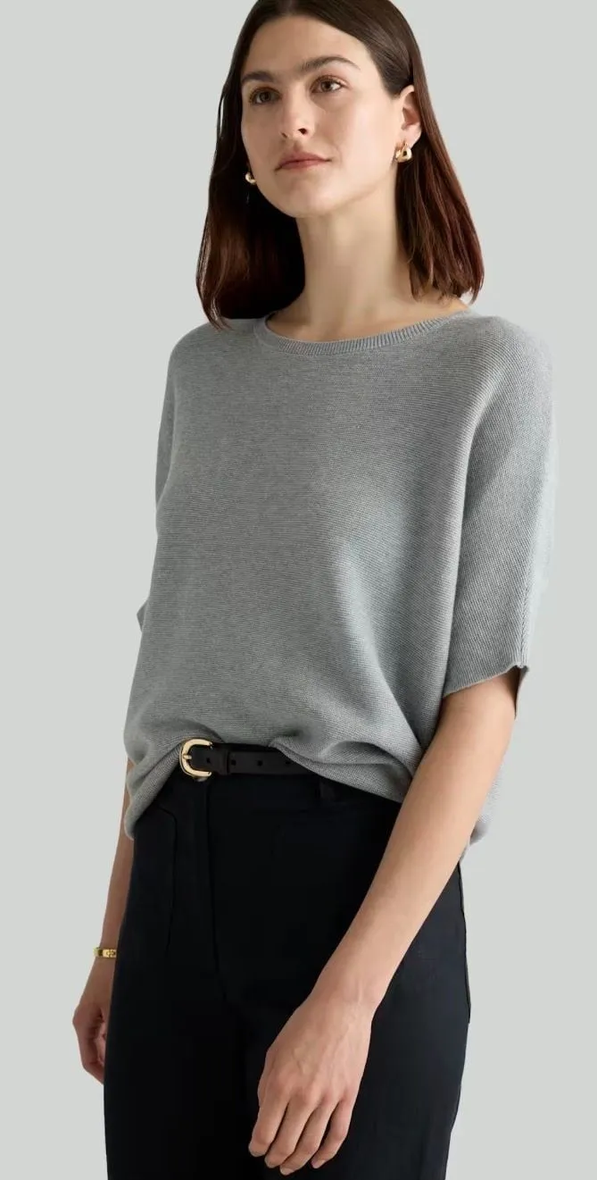 Quince Lightweight Cotton Cashmere Link-Stitch Dolman Sweater in Heather Grey Si
