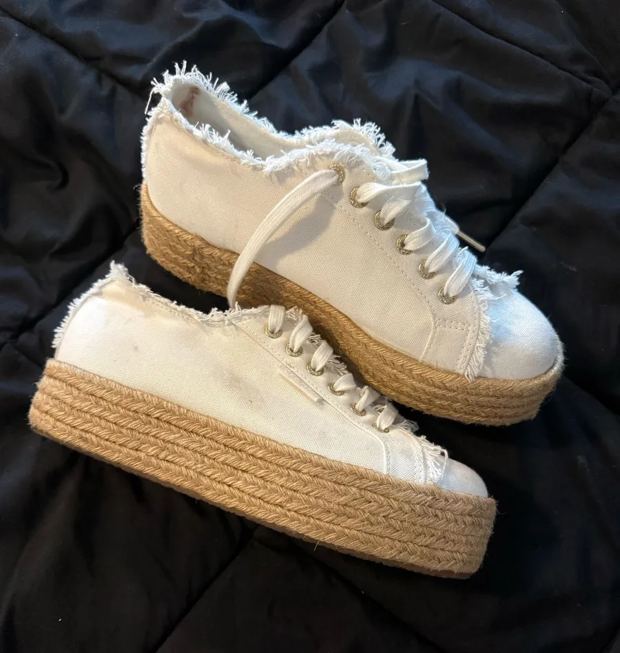 {SUPERGA} White Frayed Canvas Platform Espadrille Sneakers