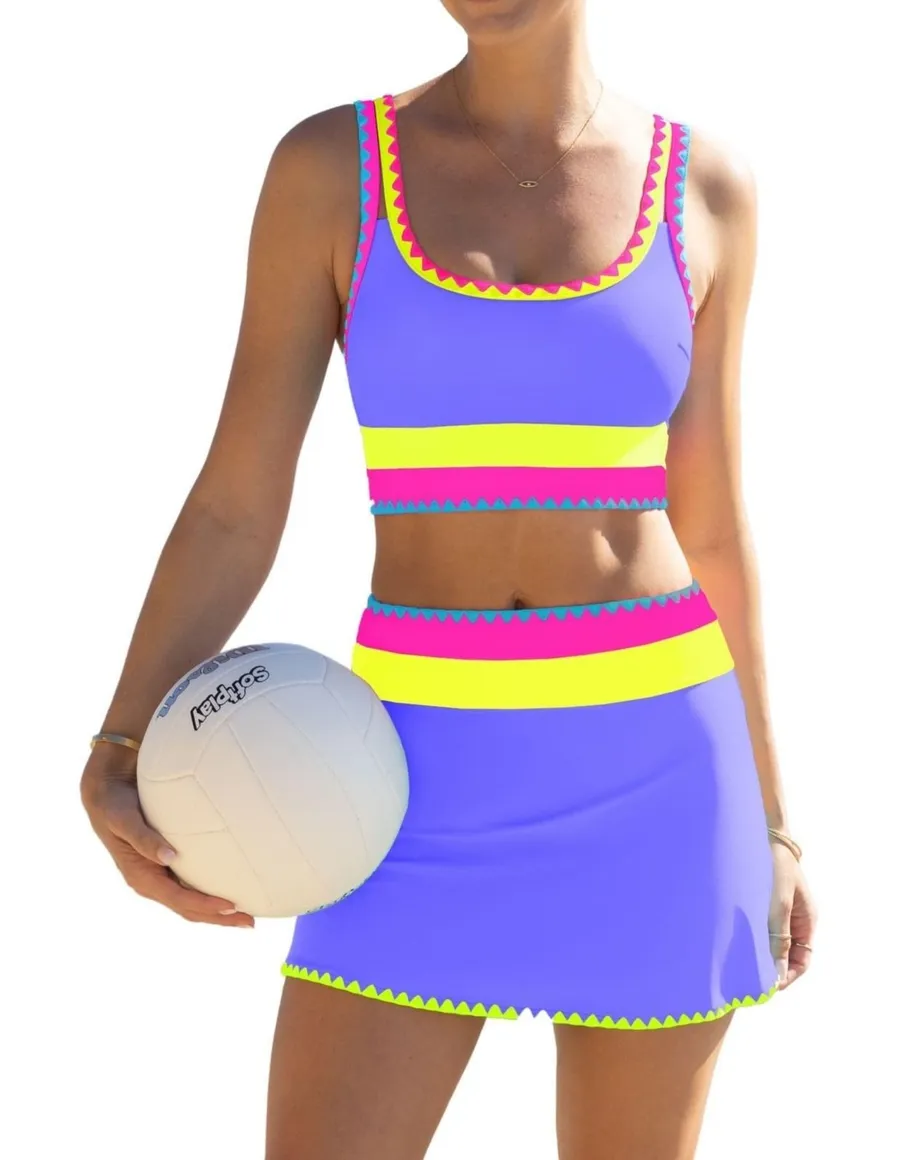 NWT Popvil 3 Piece High Waisted Bikini Set Neon Purple Pink Yellow Skirt Medium
