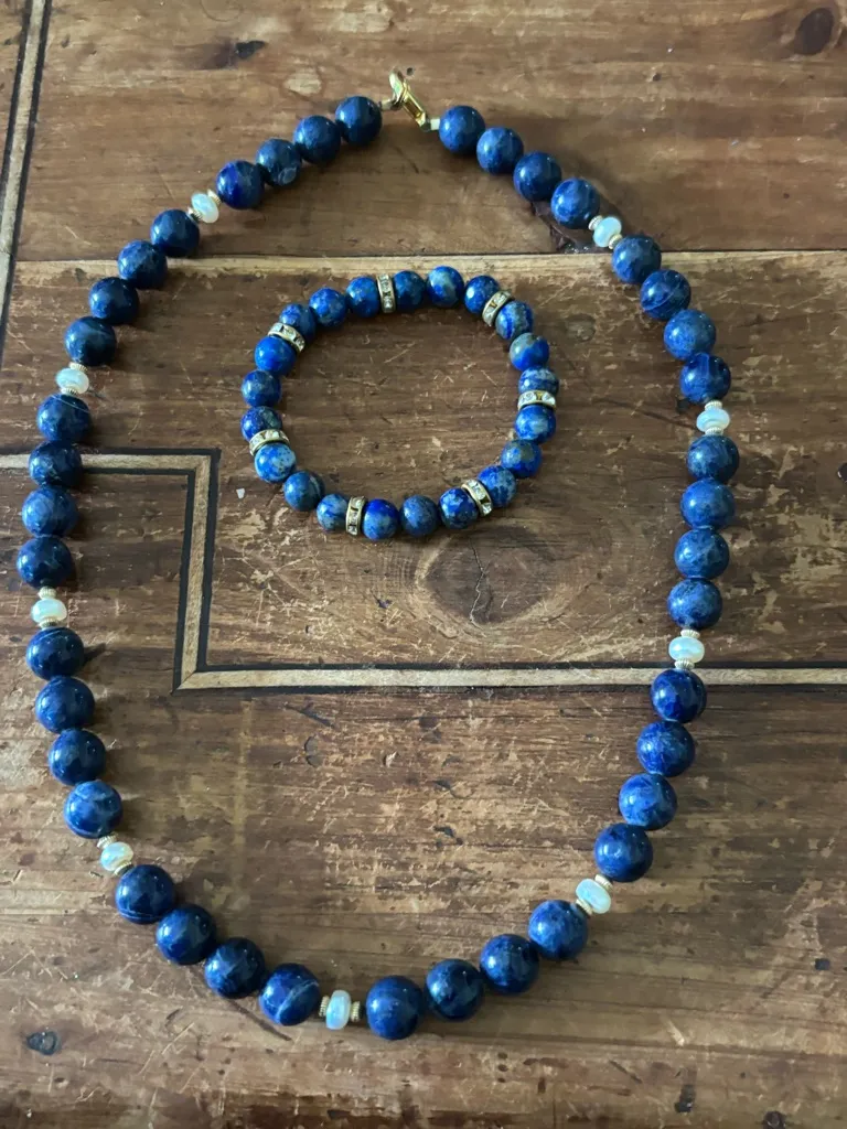 Beautiful Blue Lapis Lazuli or Sodalite Bead Necklace and Bracelet Set