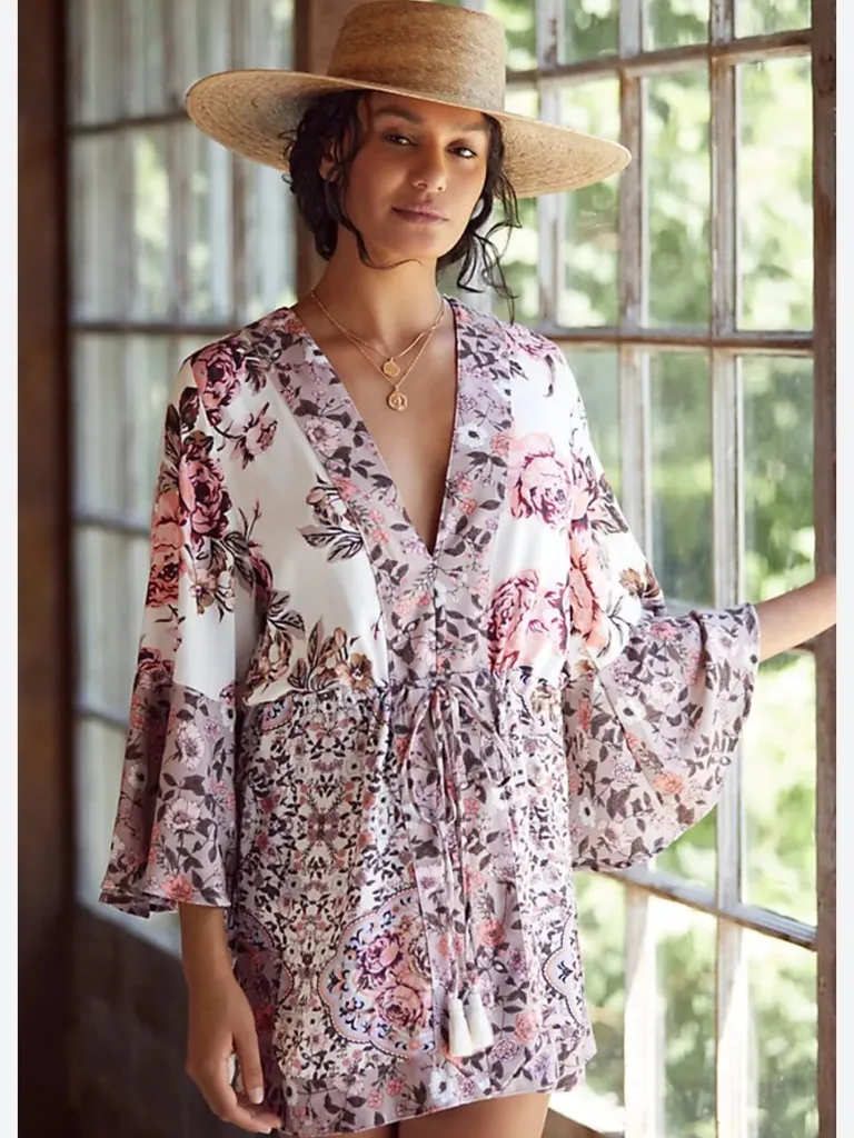 Maaji Floral Ruffled Swim Coverup in White and Pink small