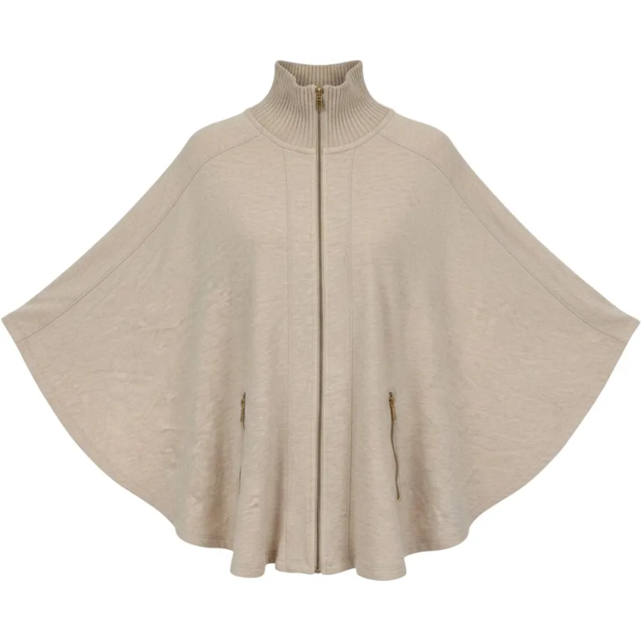 Zenergy by Chicos Oatmeal Heather Full Zip Poncho Wrap Mock Neck S Tan
