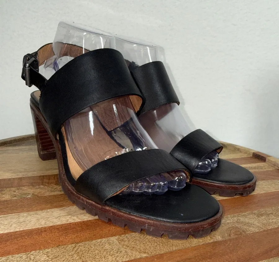 Madewell Kiera Chunky Lugsole Black Leather Block Heel Slingback Sandals Size 10