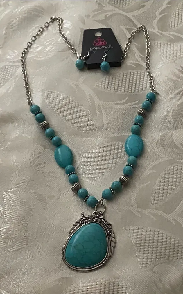Paparazzi Necklace & Earrings Set Home Sweet Homestead Oblong Turquoise Pendant