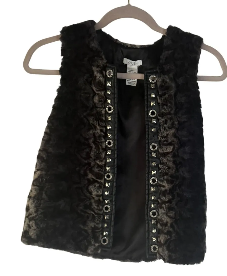 Cache Y2k Faux Fur Vest Studded Embellished Black Brown Animal Print S Small