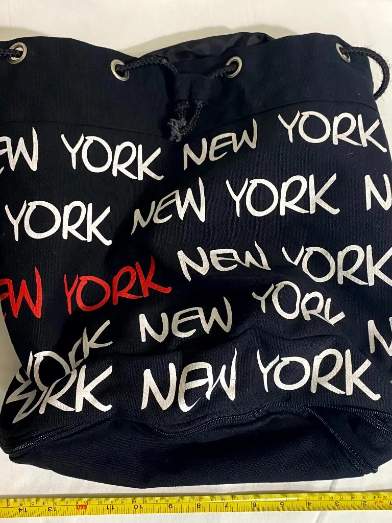 New York Print Drawstring Backpack Black Travel Gym Bag Zipper Pocket Adjustable