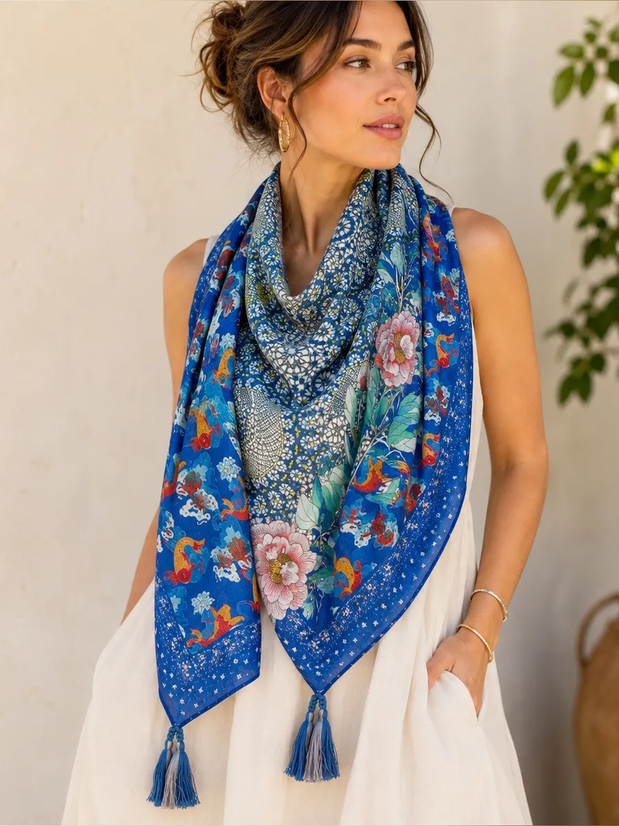 Johnny Was 100% Silk Scarf 44” Koi Fish Floral Mosaic Tassel Square Blue Boho