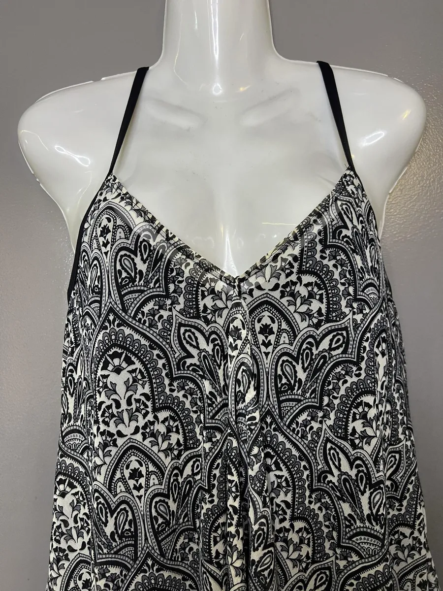 Beach House Swimdress Womens 12 Black White Paisley Tank Built In Bra Padded