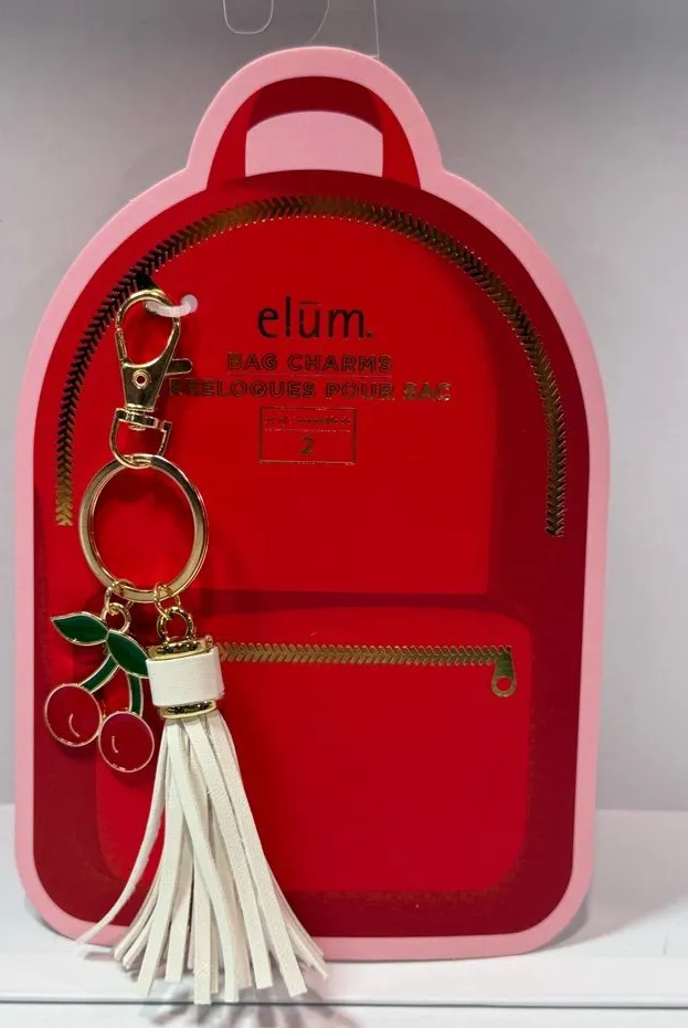 Elum Cherry Bag Charm Keychain White Tassel Gold Tone NWT