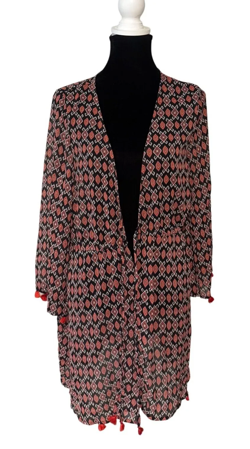 Jessica Simpson Geometric Ikat Print Tassel Kimono Cover Up Black Red Women 0X
