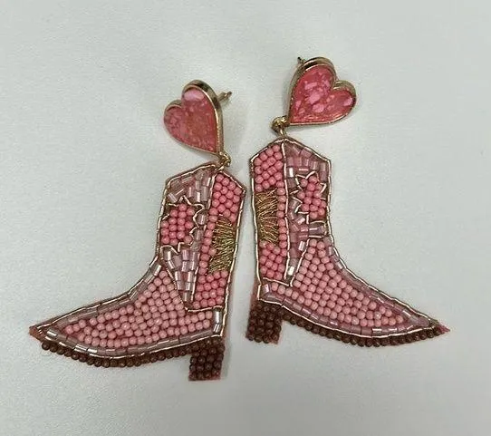 NWOT Cowgirl Boot Beaded Earrings Pink
