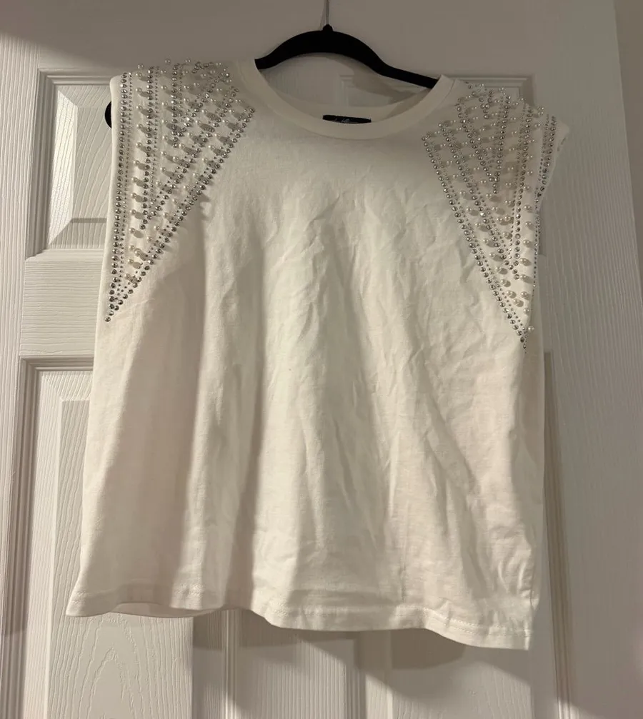White Embellished Shoulder Muscle Tee