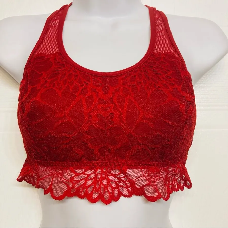 PINK Victoria Secret Bralette Women Small Red Floral Lace Racerback Mesh Trim