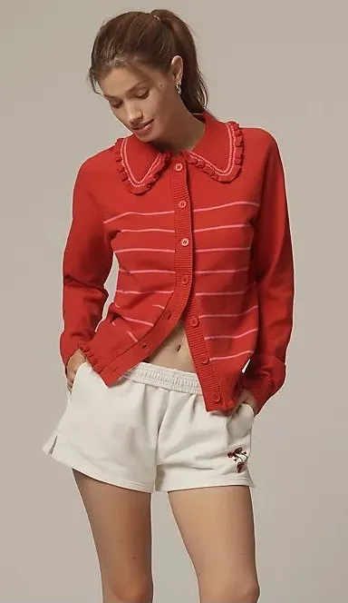 NWT Beach Riot Anthropologie Emmeline Red Striped Ruffle Collared Cardigan XS
