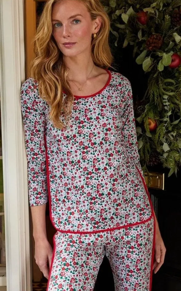 LAKE Elizabeth Floral Pajama Top Only Size MC Christmas Holiday Red Size M
