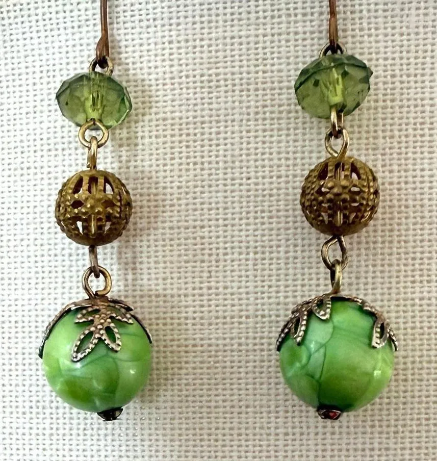 Vintage Green Glass Bead Dangle Earrings Green