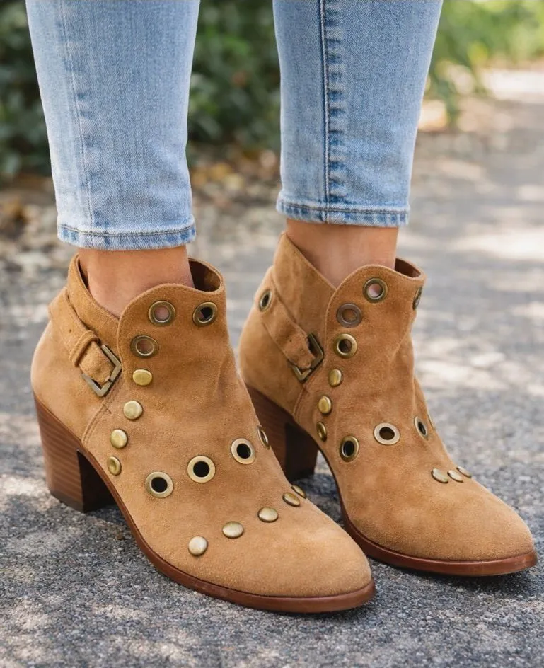 SAM EDELMAN PEDRA COGNAC SUEDE LEATHER ANKLE BOOTIES BOOTS WOMENS 6