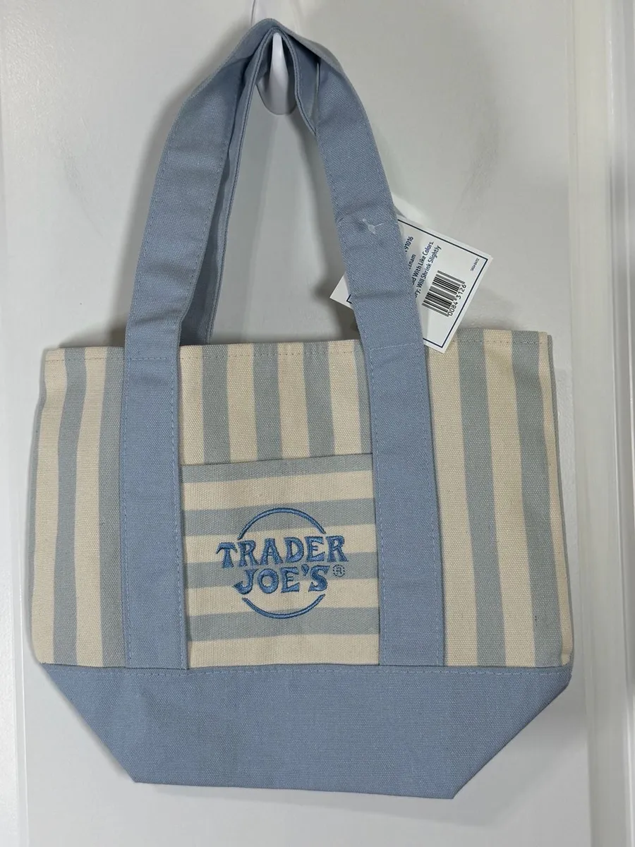 Trader Joe's Striped Mini Canvas Tote Bag, Pastel Blue